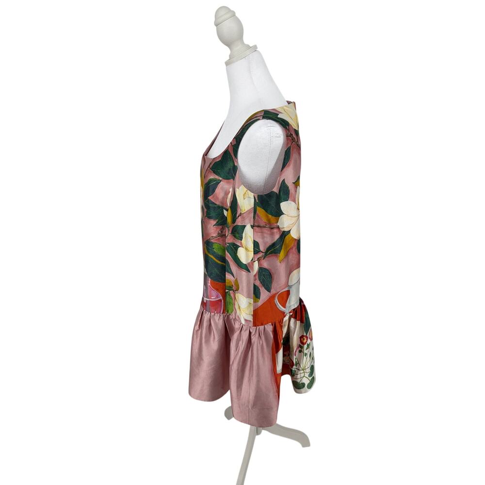 Oscar de la Renta Silk Magnolia Still Life Print Drop Waist Ruffle Dress Pink - Picture 6 of 9